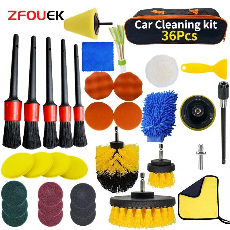 ZOPOSON Ultimate Car Cleaning Kit: Drill Detailing Brush Set with Air Conditioner Vent Tools & Polishing Towels for a Showroom Shine