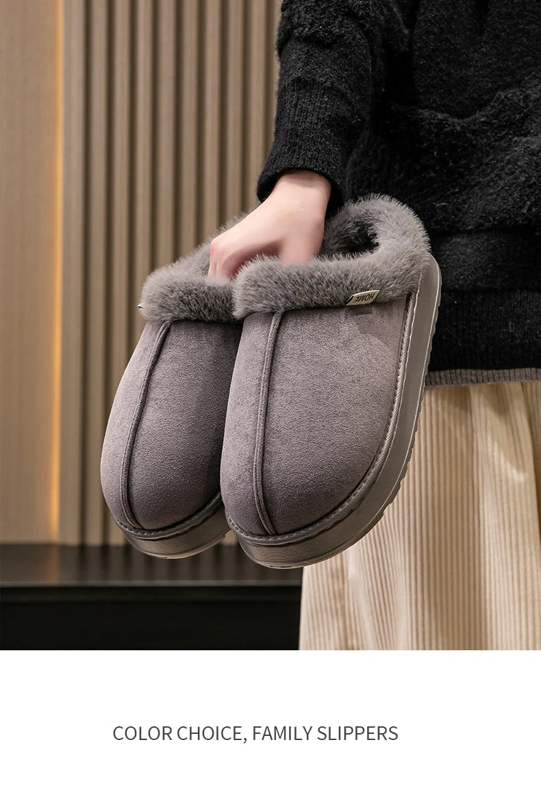 New Fluffy Men's Slippers Winter with Thick Sole for Indoor Anti-Slip and Warmth at Home with Fur Lining for Couples