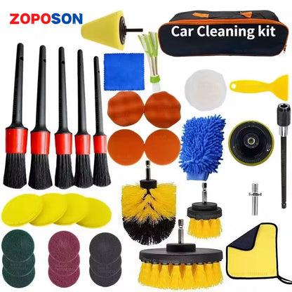ZOPOSON Ultimate Car Cleaning Kit: Drill Detailing Brush Set with Air Conditioner Vent Tools & Polishing Towels for a Showroom Shine